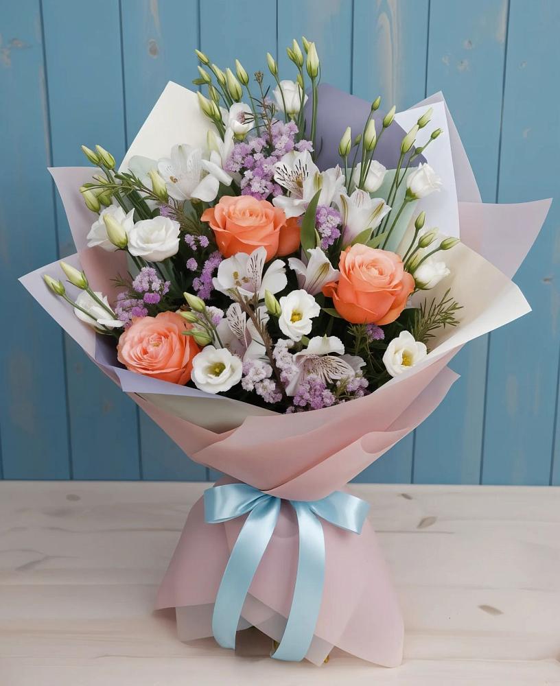 Букет цветов из: Лизиантусы, Розы, Альстромерии и Гипсофила в Гражданском